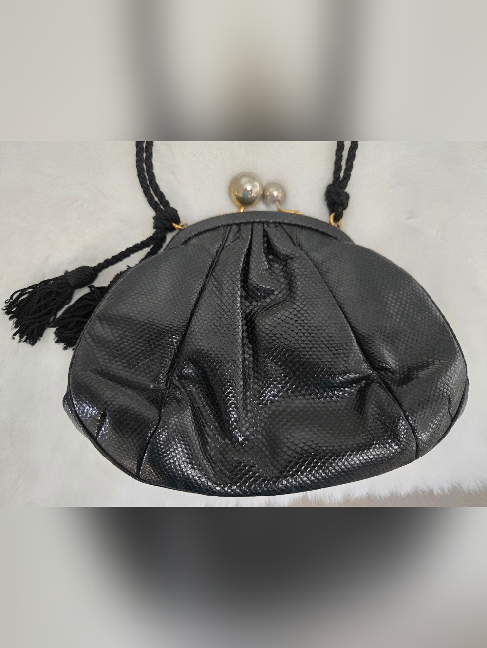 Judith Leiber Black Textured Evening Clutch with Tassel Strap